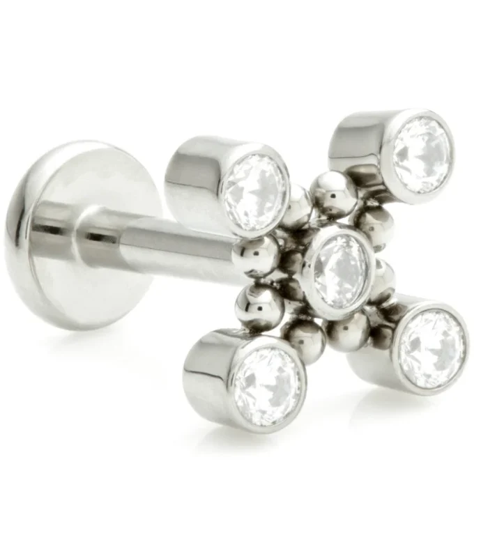Ti Threadless Labret with Jewelled Bezel Flower with Surrounding Beads Attachment