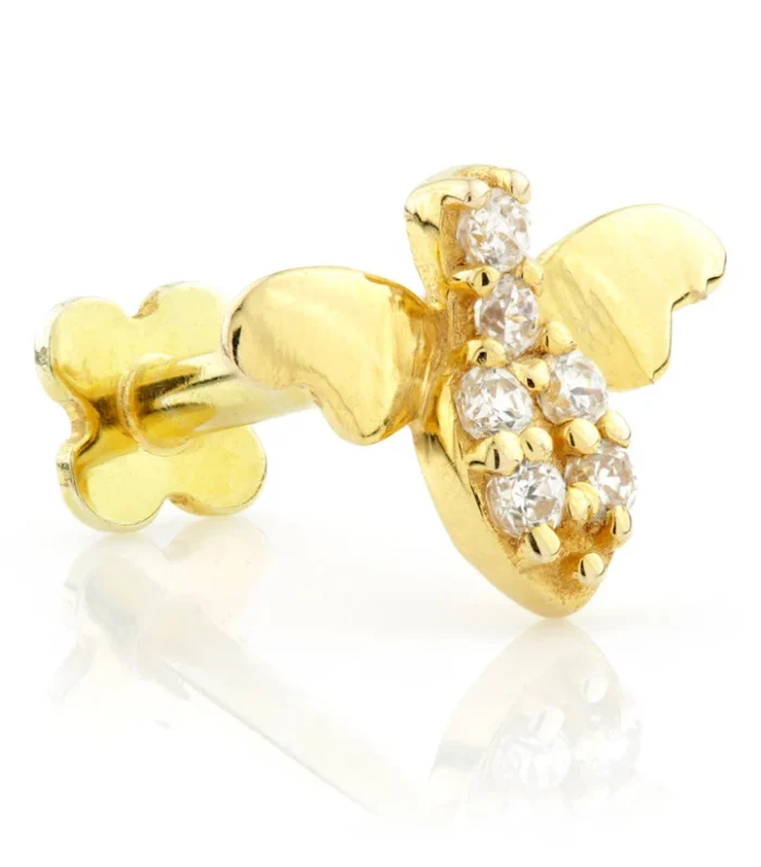 Solid Gold Bee Flatback Stud with Gemstones