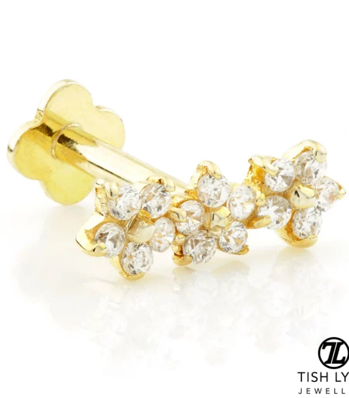 Solid Gold Jewelled Triple Daisy Flatback Earring