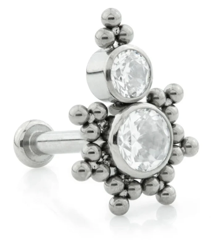 Ti Threadless Labret with Tribal Bead Double Gem Attachment (3mm base)