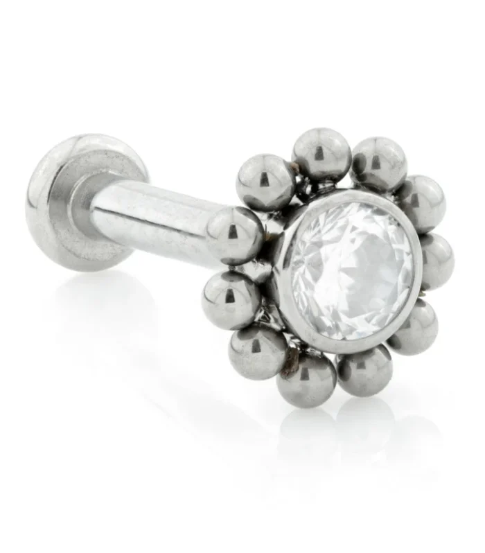 Ti Threadless Labret with Gem and Bead Surround Attachment (3mm base)