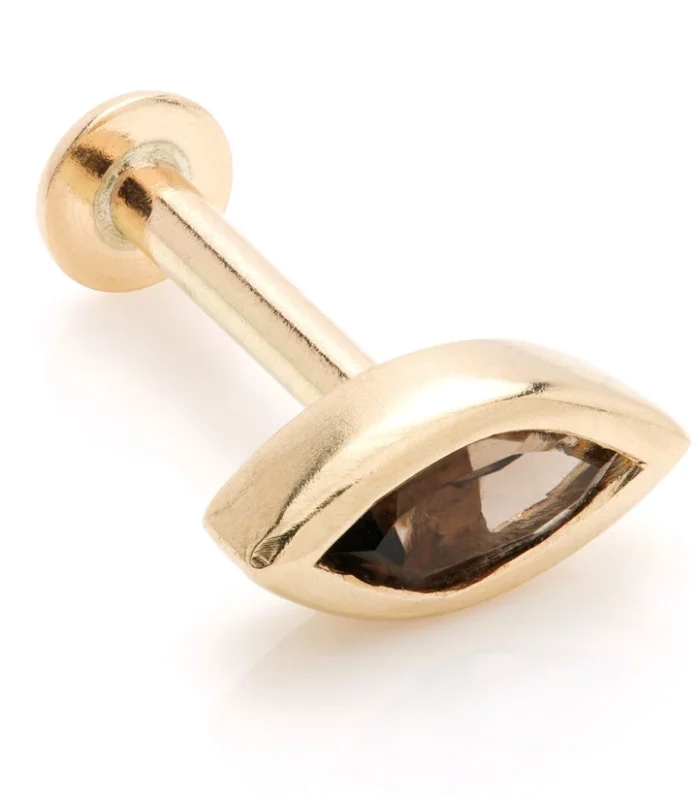Solid 14ct Gold Single Smokey Quartz Marquise Internal Labret