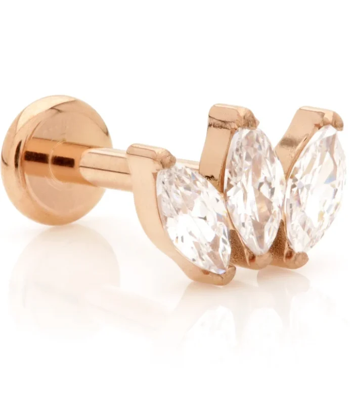 Rose Gold Ti Threadless Labret with Jewelled Marquise Trio Attachment