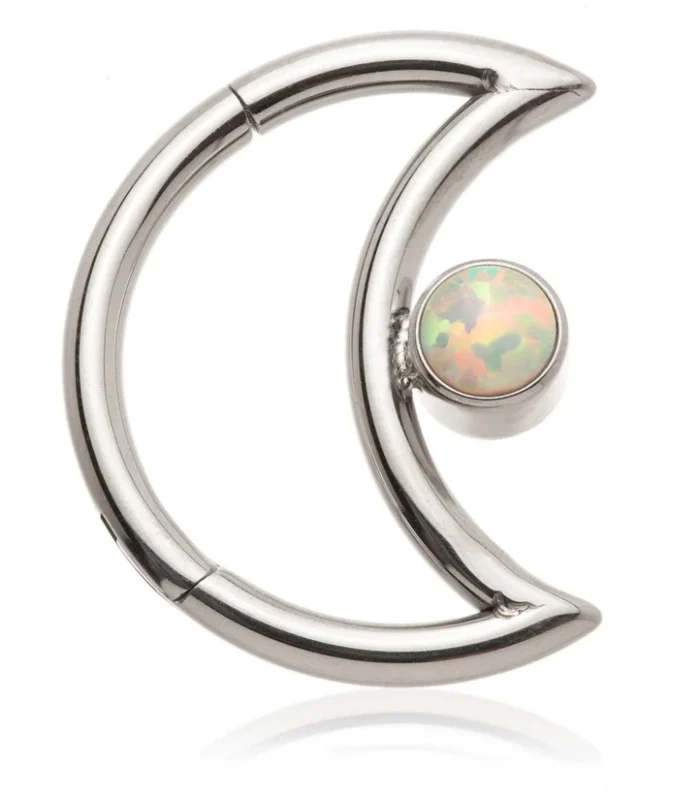 Steel Moon Shaped Hinge Ring with Round Opal