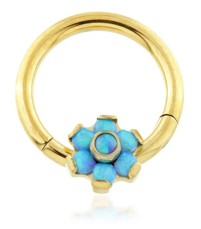 Zircon Gold Ti Forward Facing Opal Flower Hinged Segment Ring