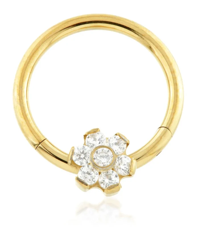 Zircon Gold Ti Forward Flower Gem Hinged Micro Ring