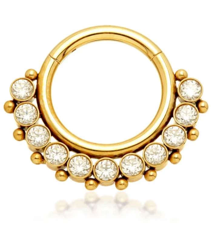 Zircon Gold Ti Front Facing Jewelled Cluster Hinged Ring