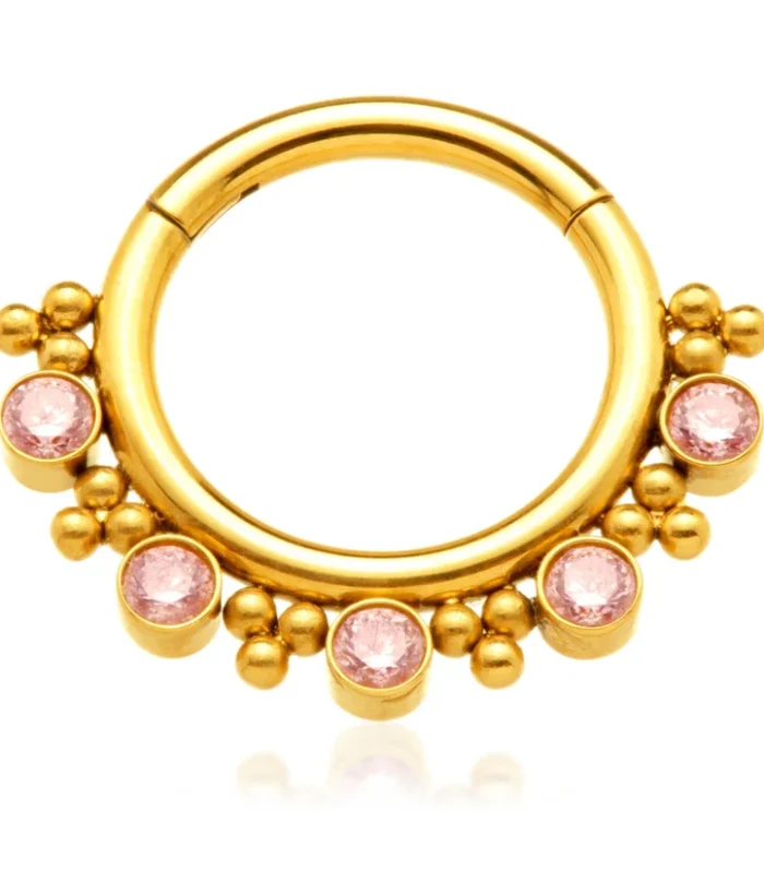 Zircon Gold Ti Jewelled Tribal Bead Cluster Hinged Ring - Light Rose