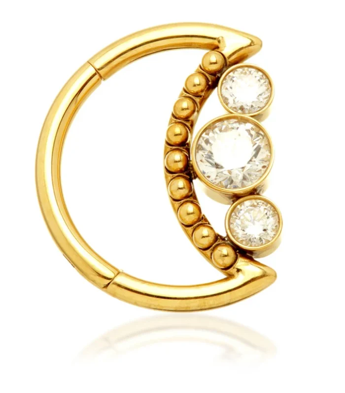 Zircon Gold Ti Triple Jewelled Moon Shaped Hinge Ring
