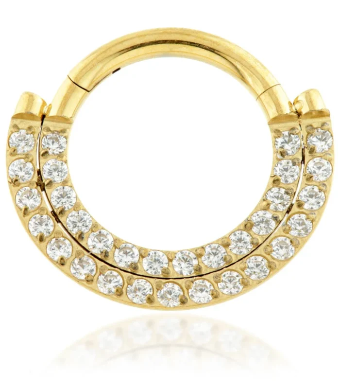 Zircon Gold Titanium Front Facing Double Pave Gem Hinged Ring