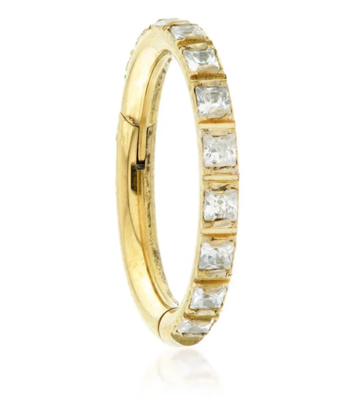 Zircon Gold Titanium Square Gem Blaze Set Hinged Micro Ring