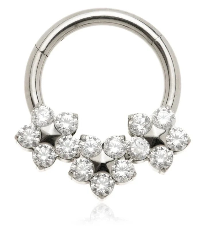 Titanium Front Facing Triple Jewelled Flower Hinged Ring