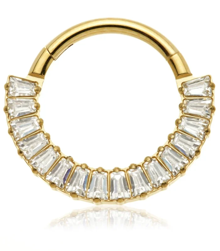 Zircon Gold Titanium Forward Facing Half Pave Baguette Gem Hinged Ring