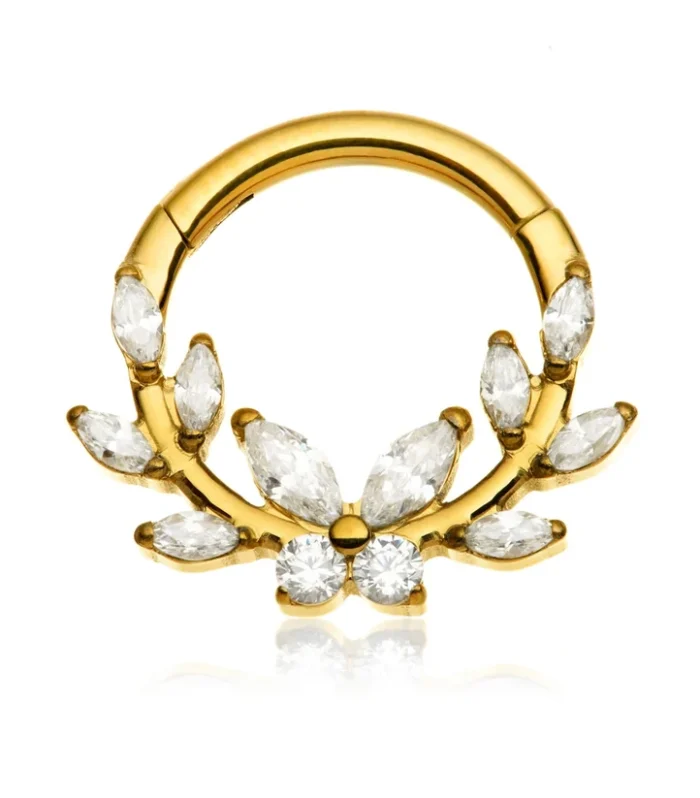 Gold PVD Titanium Jewelled Butterfly Leaf Hinged Ring