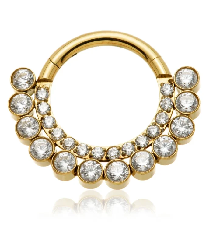 Zircon Gold Titanium Front Facing Pave Gems with Gem Balls Hinged Daith / Septum Ring